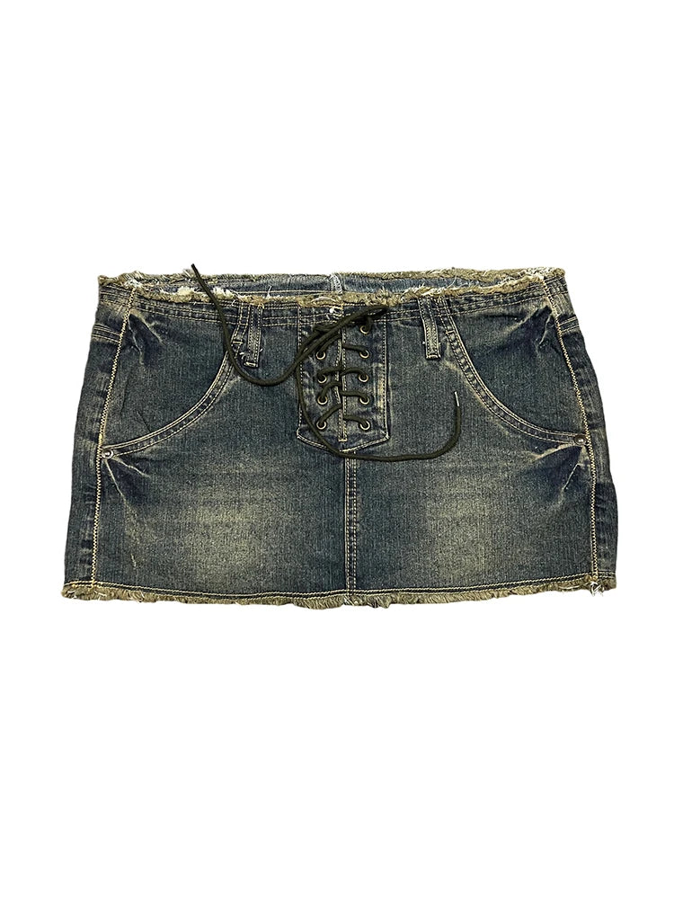 Lace-Up Denim Micro Mini Skirt