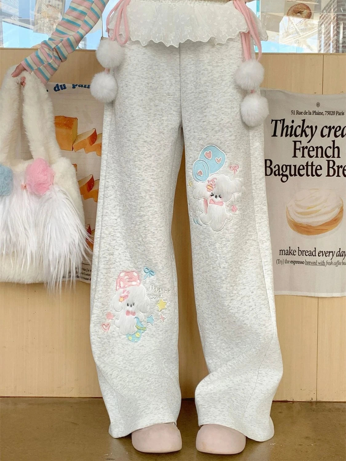 Cute Bunny Graphic Wide-Leg Lounge Pants – Grey with Pink Ribbons & Pom-Poms