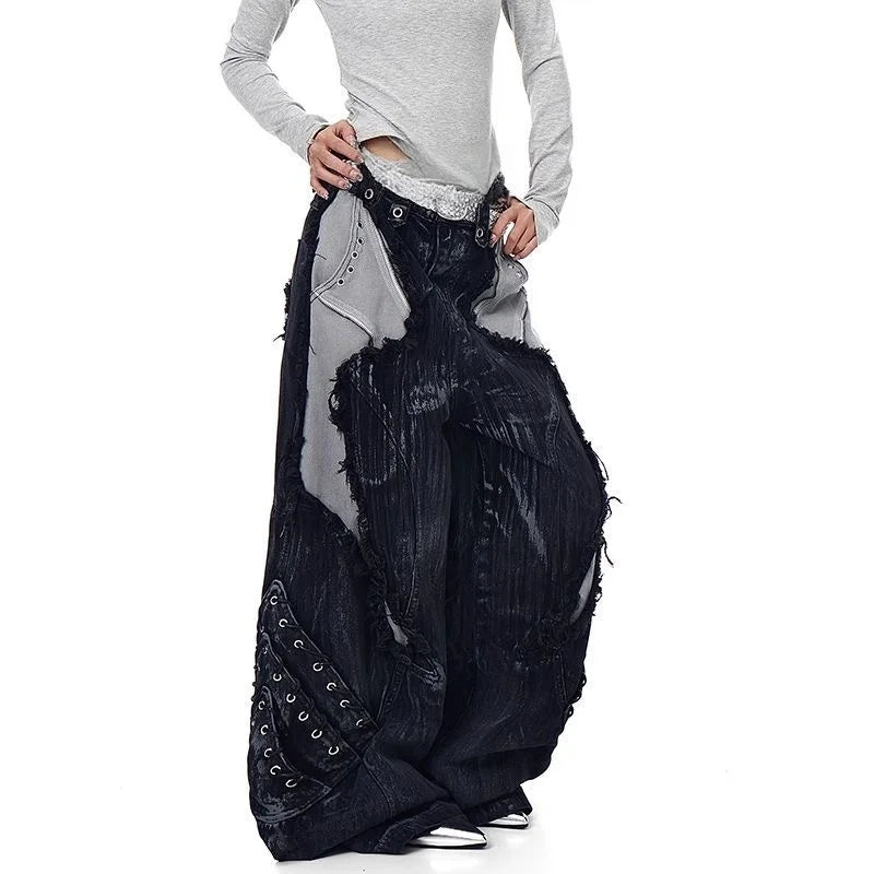 Washed Patchwork Baggy Ripped Jeans