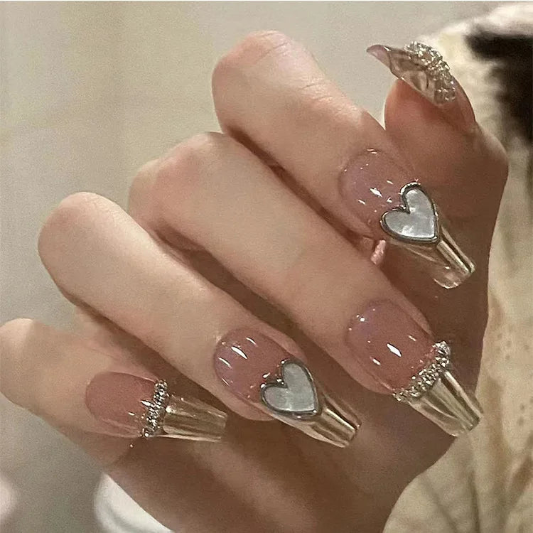 24pcs/box black press on nail tips 3D Heart Bow Rhinestone Y2k Long Ballet Fake Nails Full Cover Wearable Glossy DIY False Nails