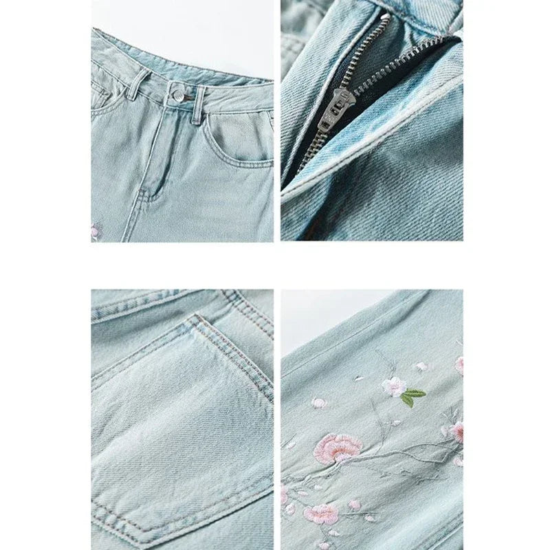 Pink flower embroidered jeans