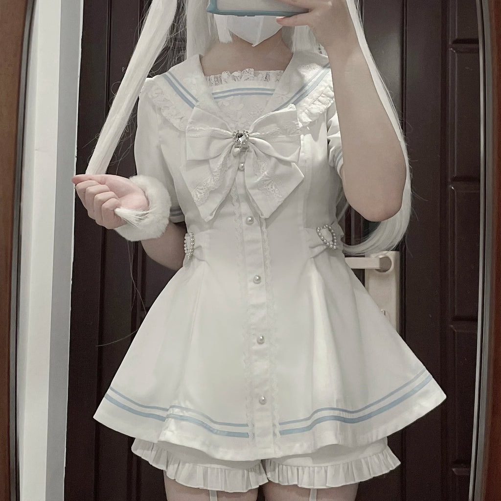 Sweet Short Sleeve Sailor Collar Lace Dress and Shorts Set