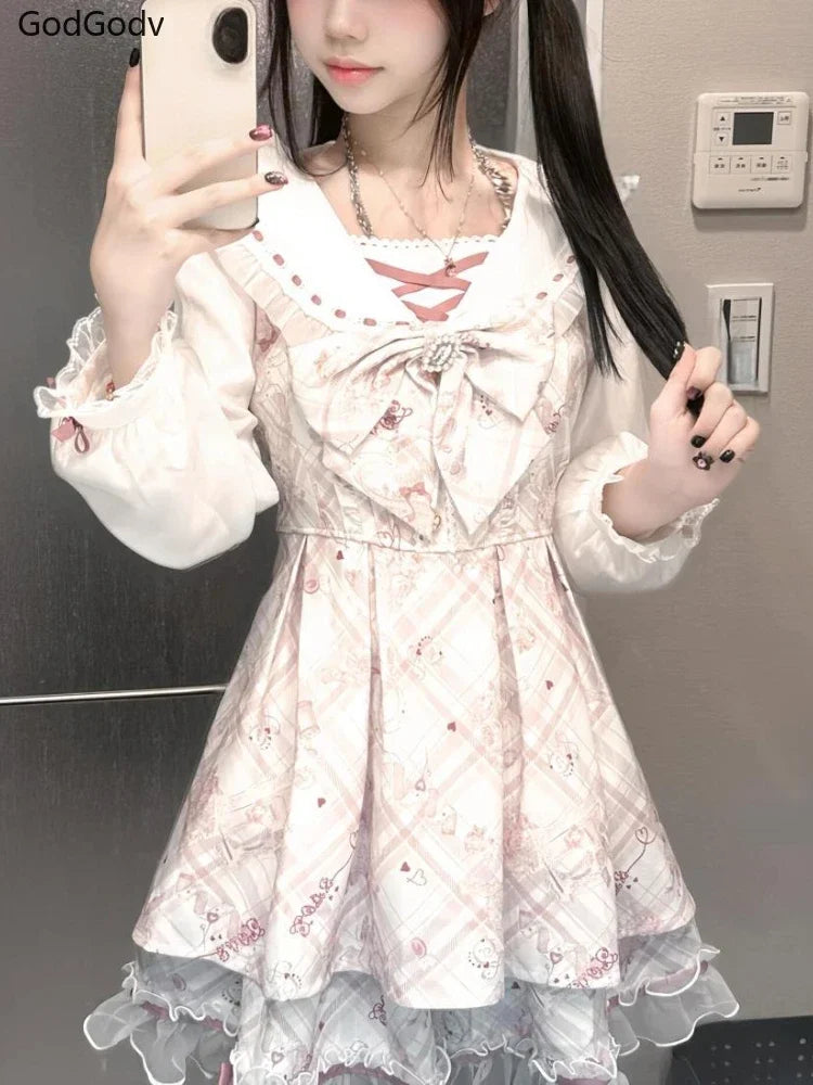 Spring Printed Bow Fake Two Piece Dress