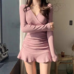 V-Neck Ruched Bodycon Mini Dress