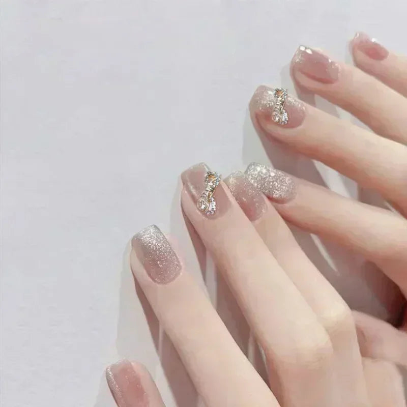 24Pcs Pink Ballet False Nails Long Coffin with Rhinestone Love Heart Wearable Fake Nails Full Cover Press on Nails Tips Glitter