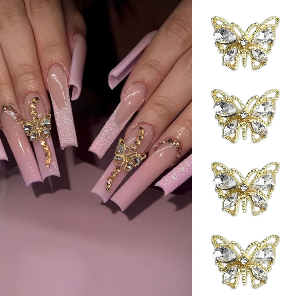 10Pcs Fairy Pink Zircon Nail Art 3D Charms Jewelry Butterfly Shaped Nail Crystal Alloy Decals 11*9mm Rhinestone Nail Decoration*