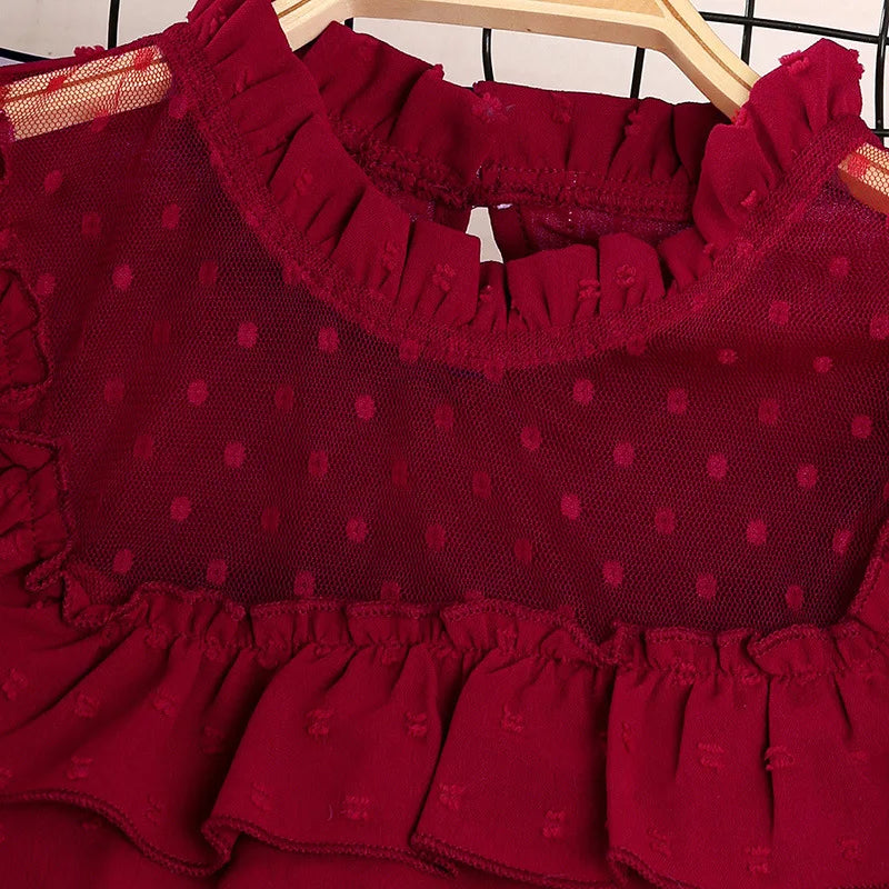 ガールズキッズカジュアル服セット 2024年春夏新作 子供長袖フリルメッシュパッチトップス ショートスカートセット 服