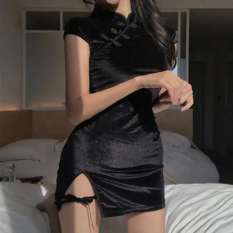 Solid Color High Neck Short-Sleeved Dress