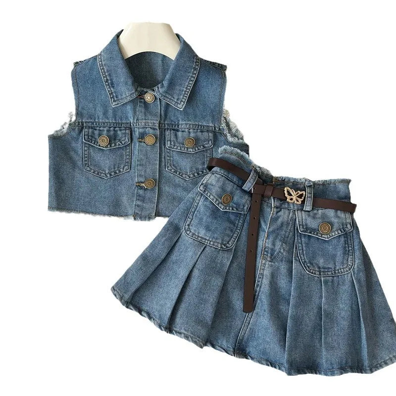 Sleeveless Fringed Vest and Pleated Skirt Denim Two-Piece Set