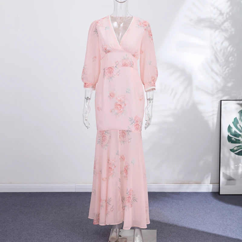 Print Long Ruffle Pleated Short Sleeve V-Neck Dress