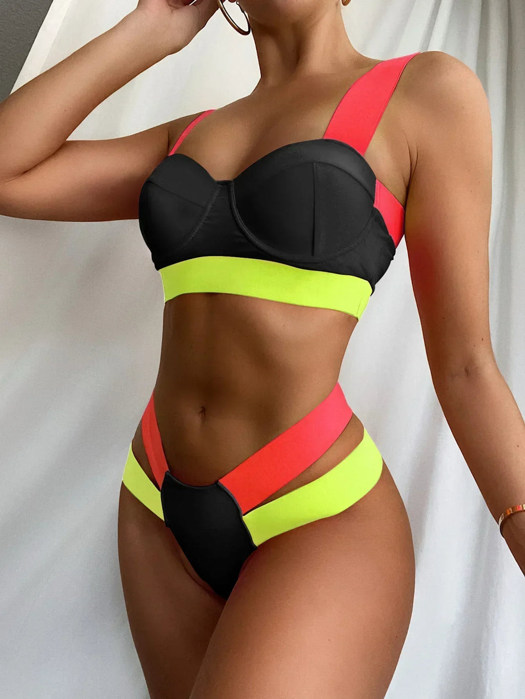 Push Up Leopard Block Color Patchwork Double Bandages High Waist Bikini