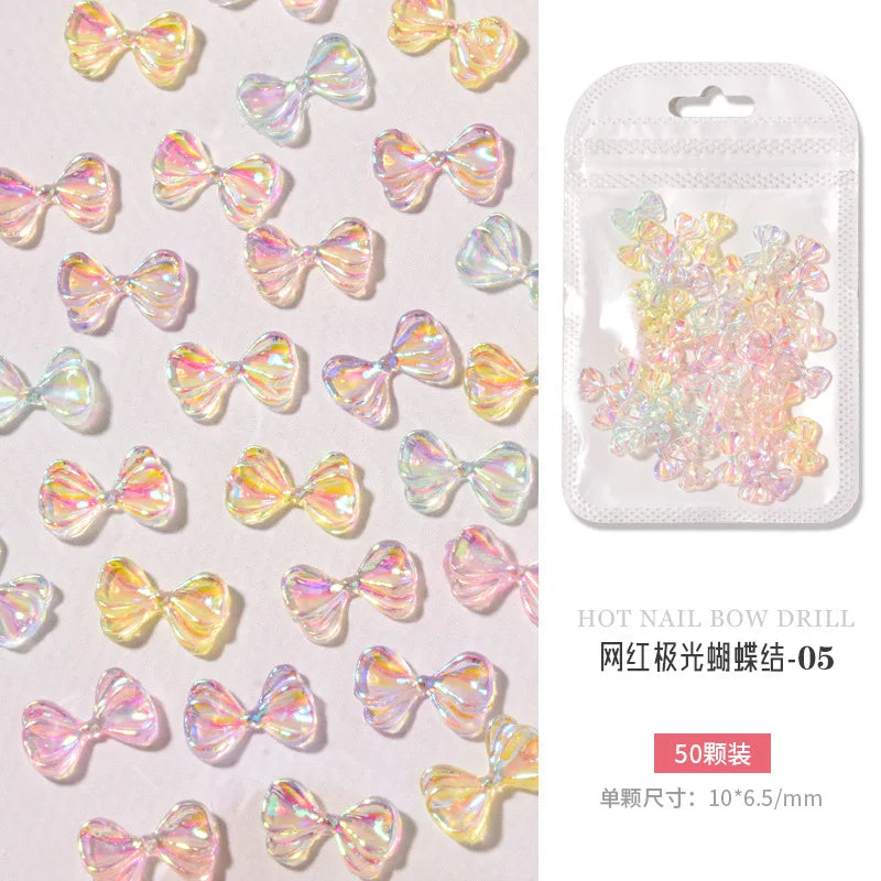 50PCS Aurora Acrylic 3D Nail Art Bow Charm For Nails Decoration Design Kawaii Manicure Accessories Bow-knot DIY Craft Supplies