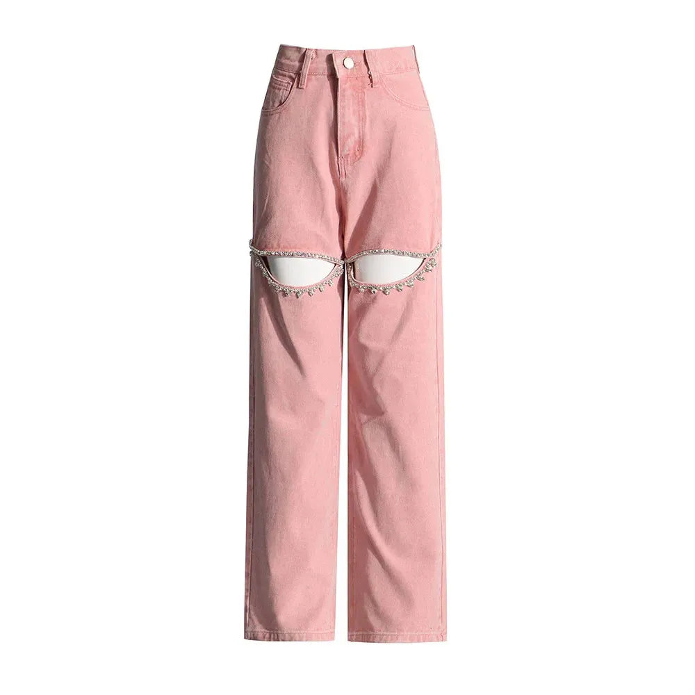 TWOTWINSTYLE Hollow Out Patchwork Diamonds Jeans
