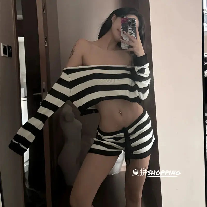 Sexy Off Shoulder Long Sleeve Knitted Top For Women+ Y2k Low-waist Loose Wide Leg Shorts 2025 Summer New Two Piece Sets