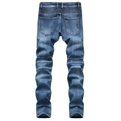 メンズカジュアルモーターサイクルジーンズ ストレッチ ストレート ファッション 男性 ヒップホップ ストリートライディング スリムパンツ パッチワーク デニムトラウザーズ