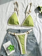 Splicing Ribbed High Cut Ring Mini Bikini