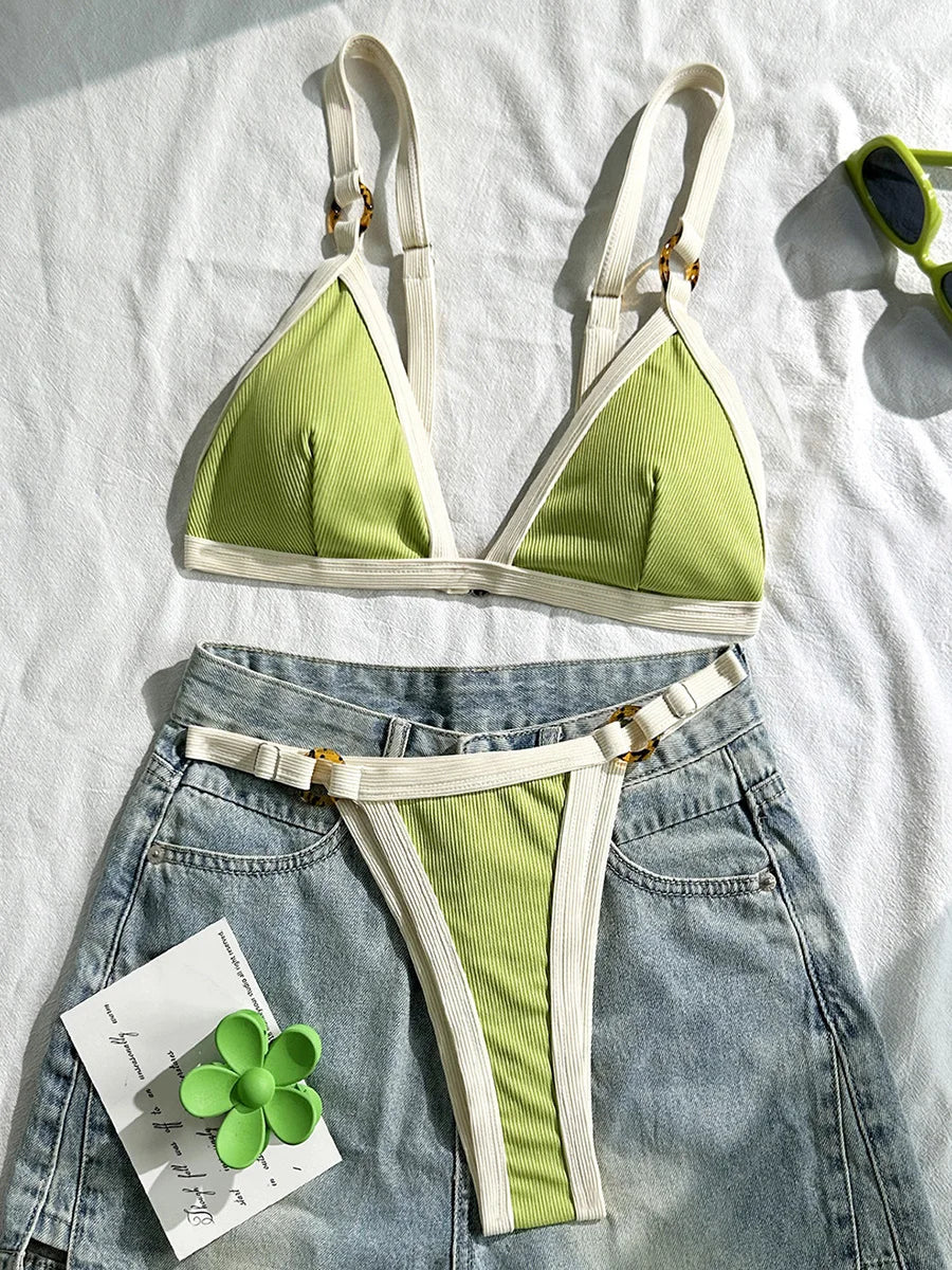 Splicing Ribbed High Cut Ring Mini Bikini