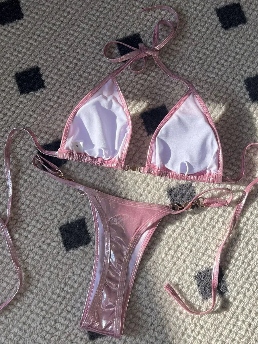 PU Leather Pearls Bikini