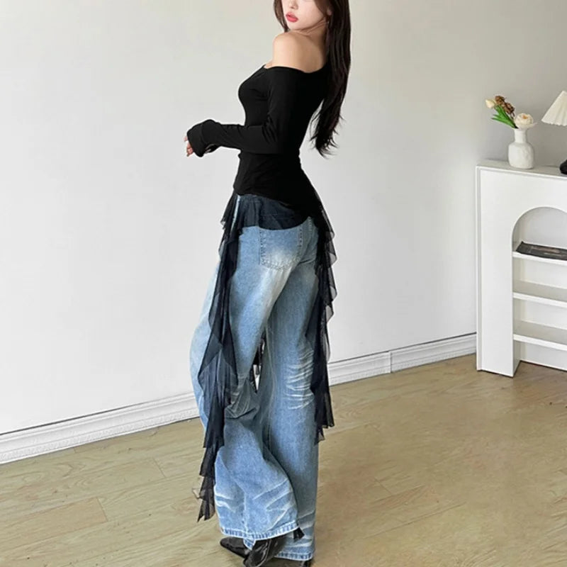 Lamuusaa Solid Color Off Shoulder Long Sleeve Asymmetrical Ruffle Hem T-Shirt