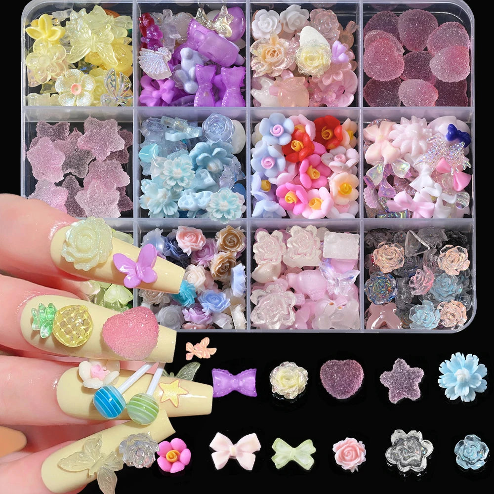 1Box 3D Resin Candy Color Bow Nail Art Charms Cartoon Rabbit /Lollipop/Fruit Nail Art Decorations Kawaii Bowtie Nail Suppies U7#