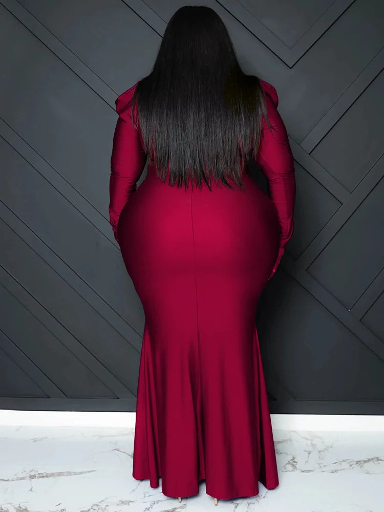 V Neck Long Sleeve Full Length Bodycon Dress
