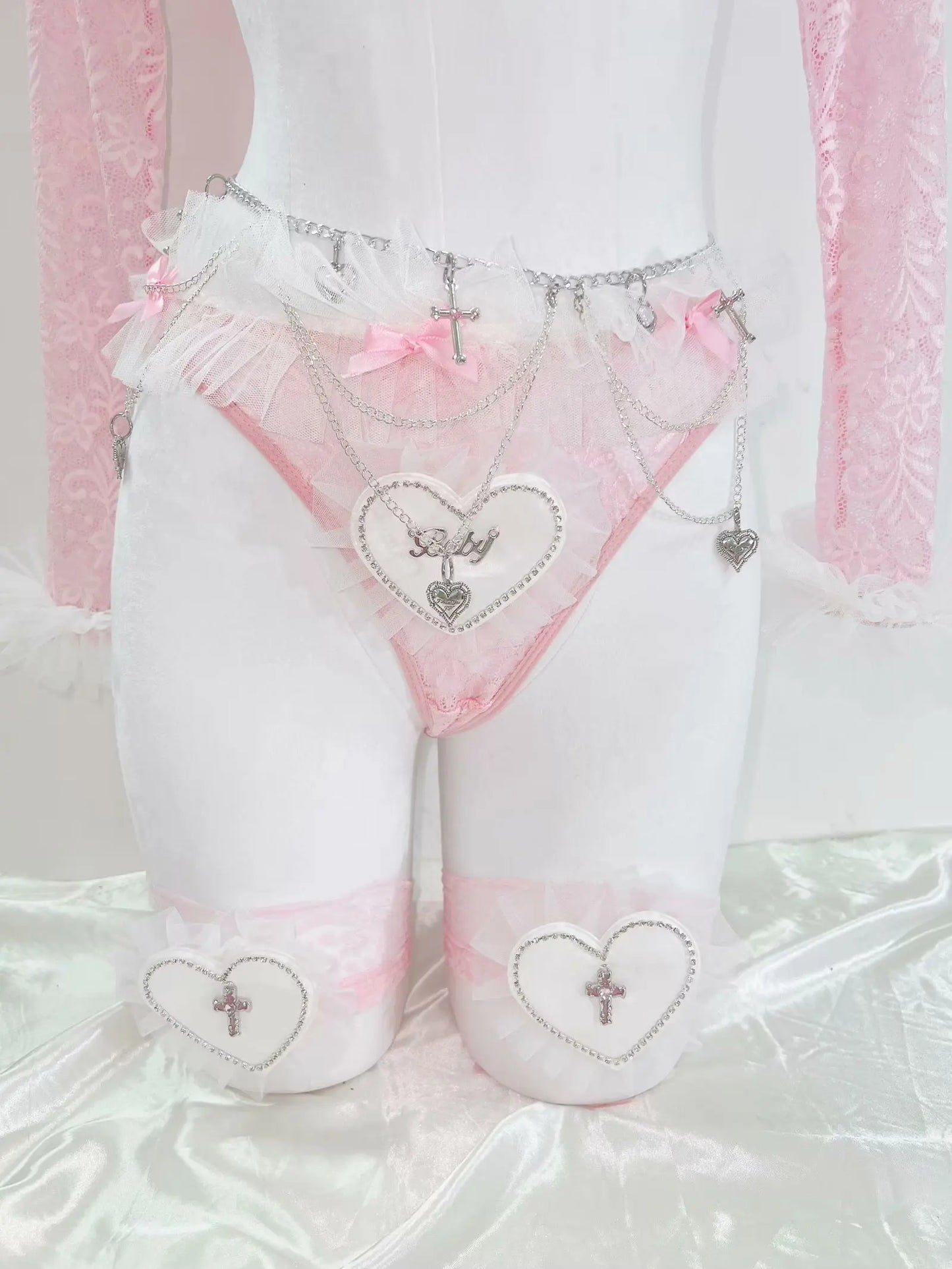 Pink Lace Heart & Cross Chain Lingerie Set