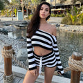 Casual Long Sleeve Top Lace Up Shorts Knit Stripe Crop Top Shorts Set
