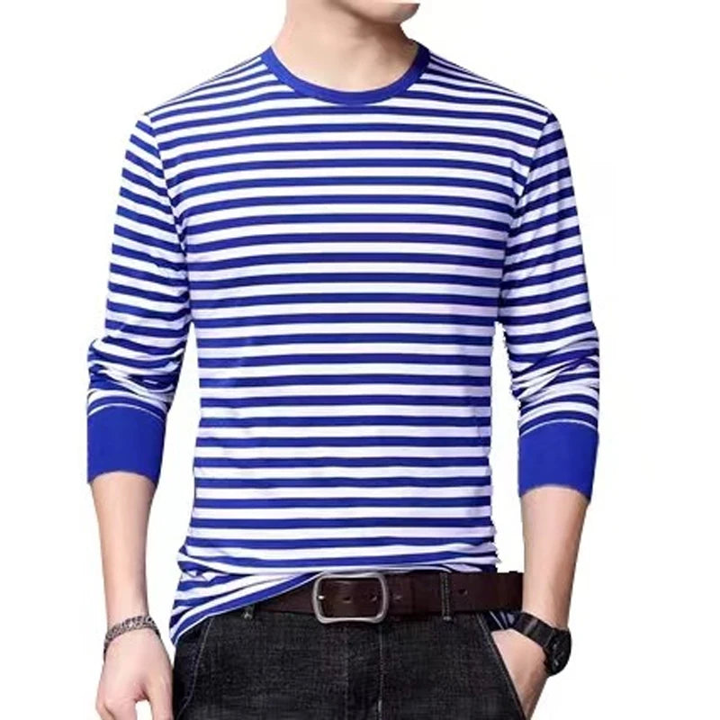 Blue and White Striped Long-Sleeve Crewneck Shirt