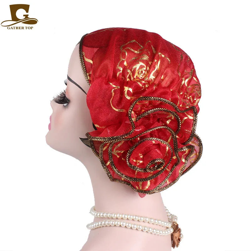 2025 Spring New Large Flower Turbans For Women Beauty Yarn Plate Jacquard Headwrap Lace Hat MuslimTurban Caps Islamic Headwear