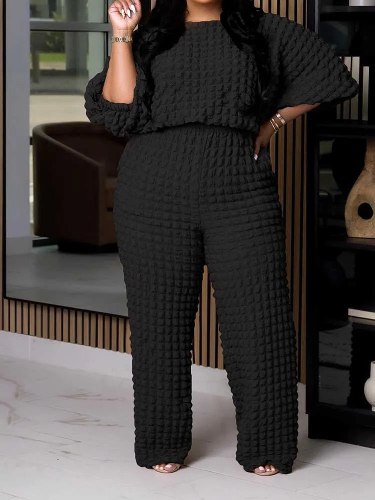 Bubble Waffle Pleated Top and Pants Set