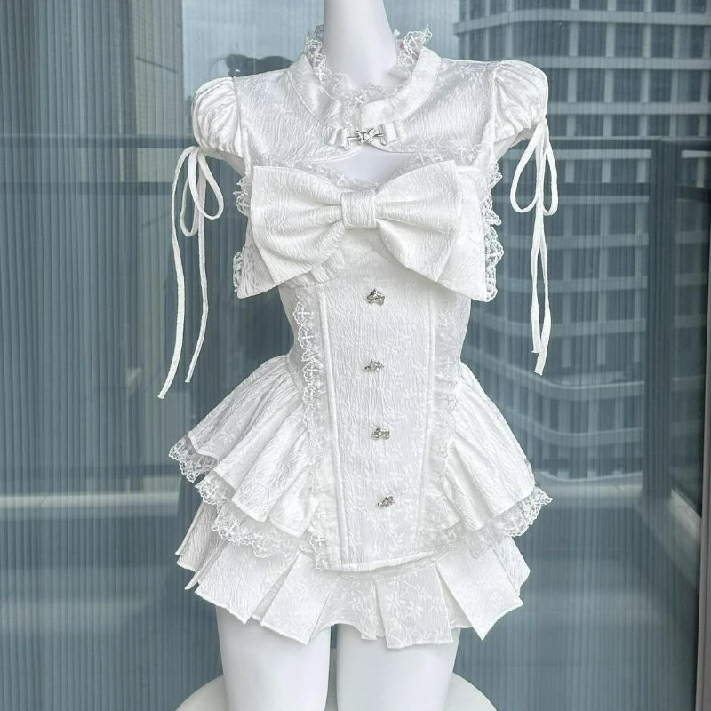 Lace Patchwork Bow Top + Mini Cake Skirt
