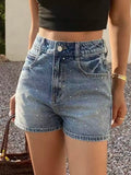 Retro High-Waisted Rhinestone-Detailed Denim Shorts