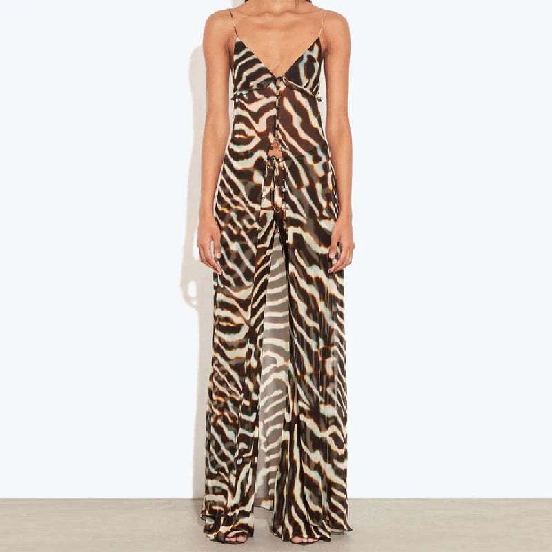 Zebra Print Spaghetti Strap Maxi Top Pants Jumpsuit