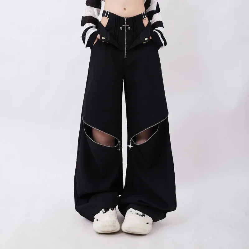Star-Zipper Wide-Leg Pants