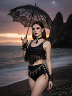 Gothic Moon Star Bat Flocking Peplum Hem Lace Up Swimsuit Set