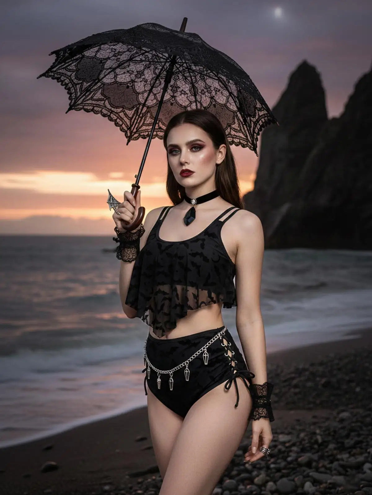 Gothic Moon Star Bat Flocking Peplum Hem Lace Up Swimsuit Set
