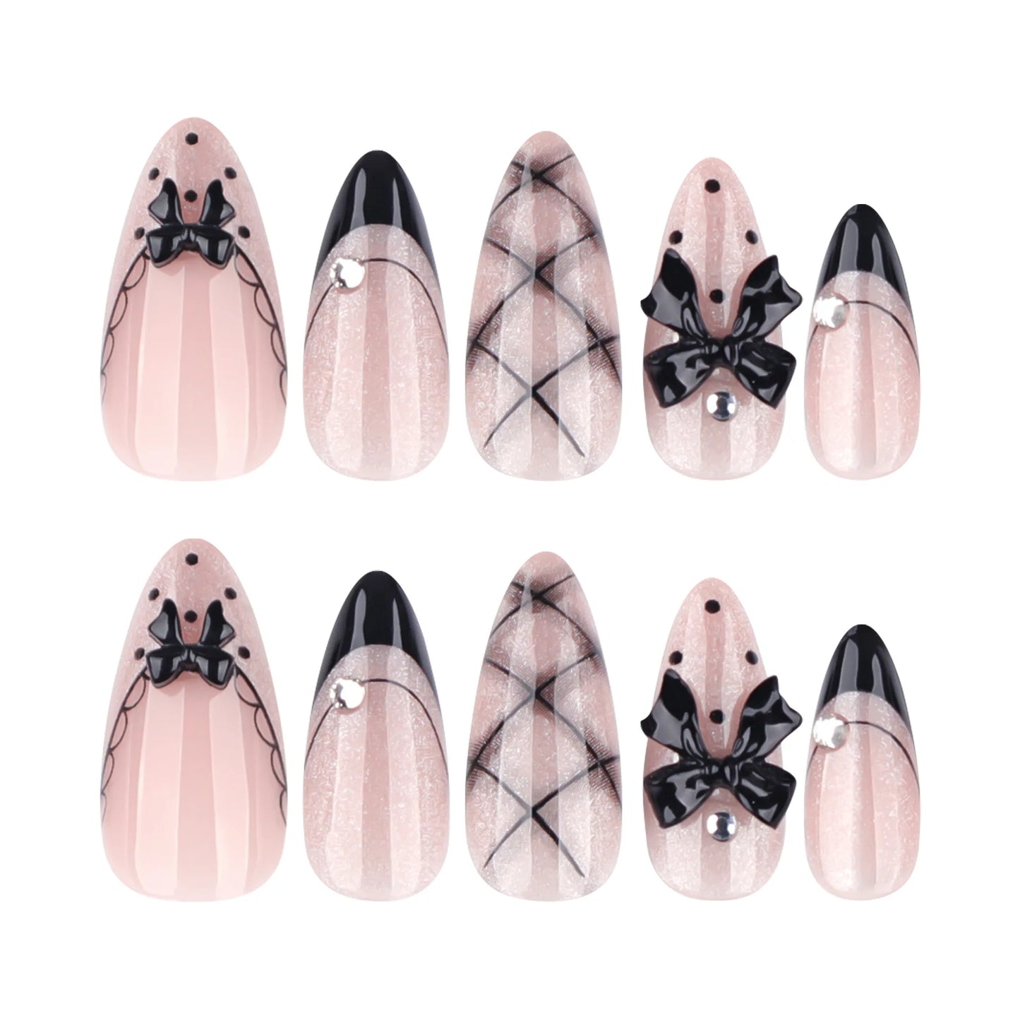 24pcs Gothic Style Black Bowknots Press On Nails Y2k Sweet Cool Cat's Eye False Nails French Style Almond Ballet Fake Nail Tips