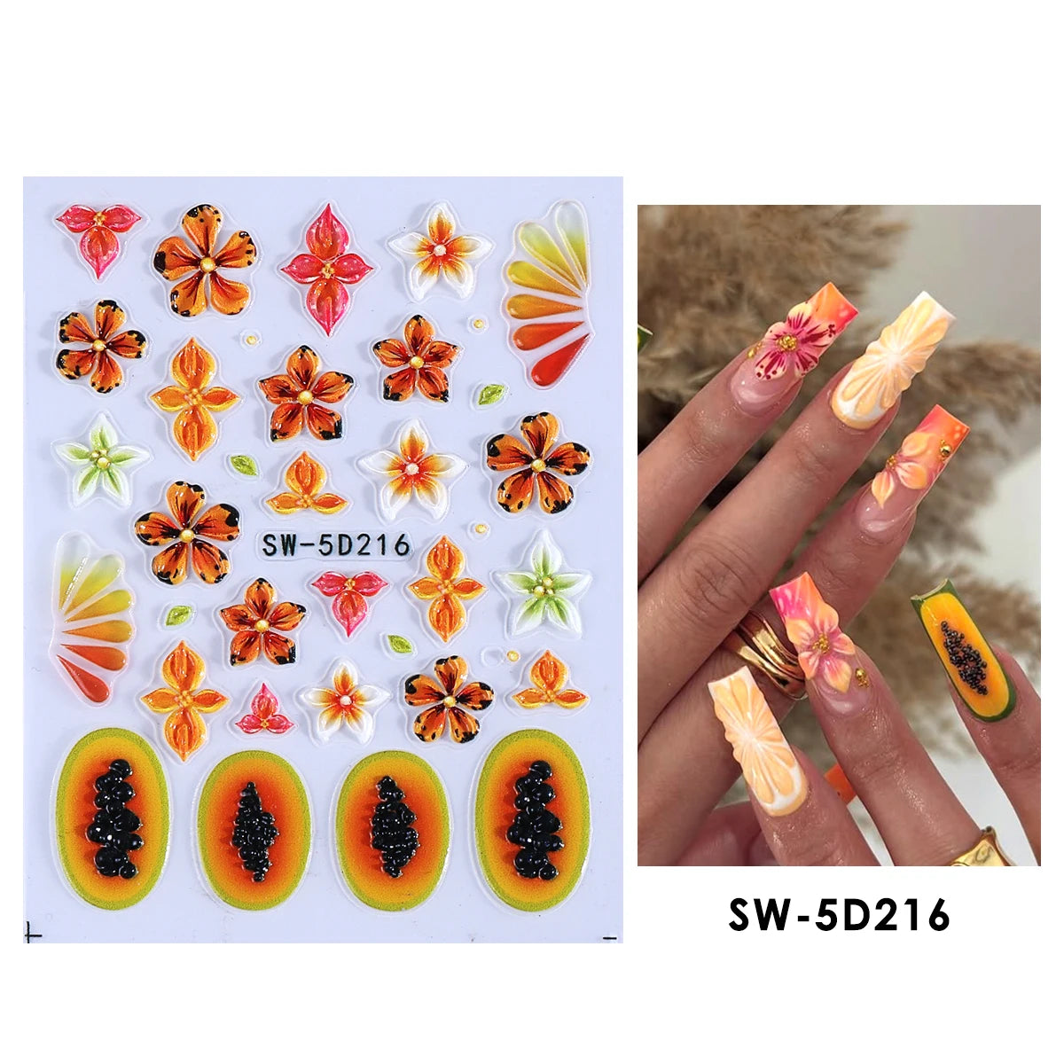 5D Summer Flowers Nail Embossed Stickers Pink Frangipani Hibiscus Five Petal Floral Starfish Decal DIY Tropical Manicure Sliders