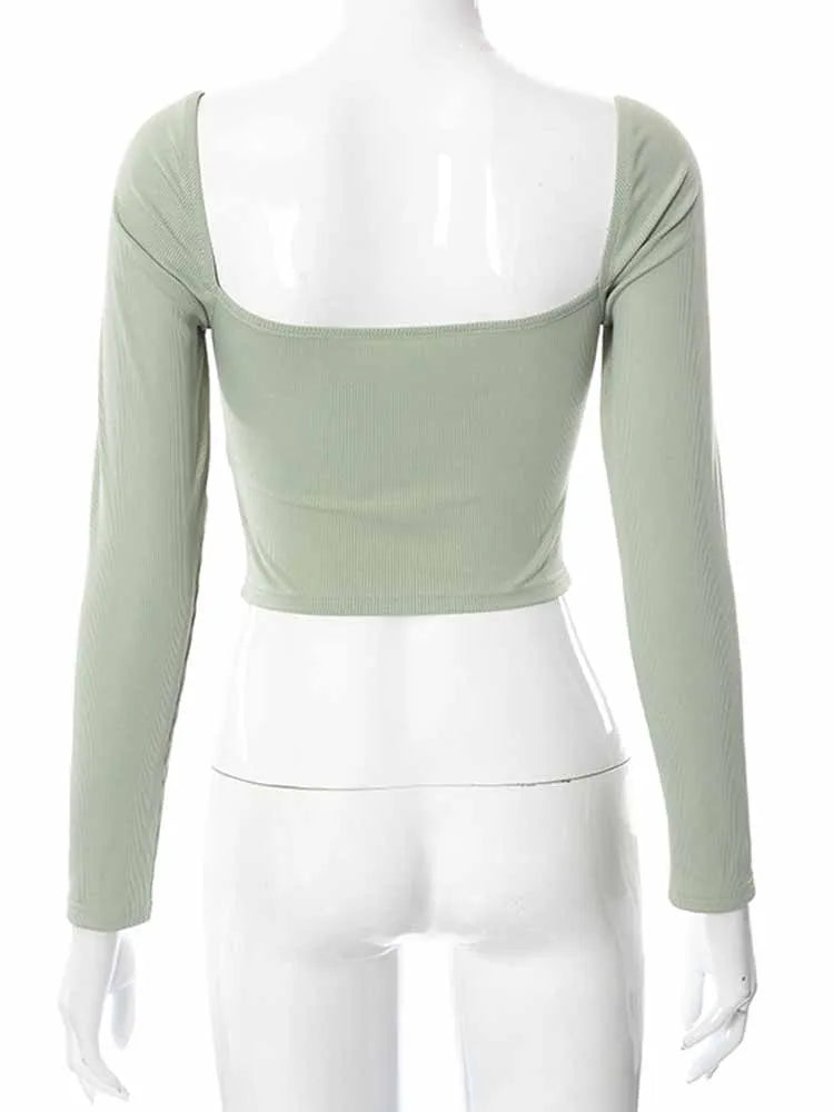 Hollow-Out Heart V-neck Long Sleeve Crop Top