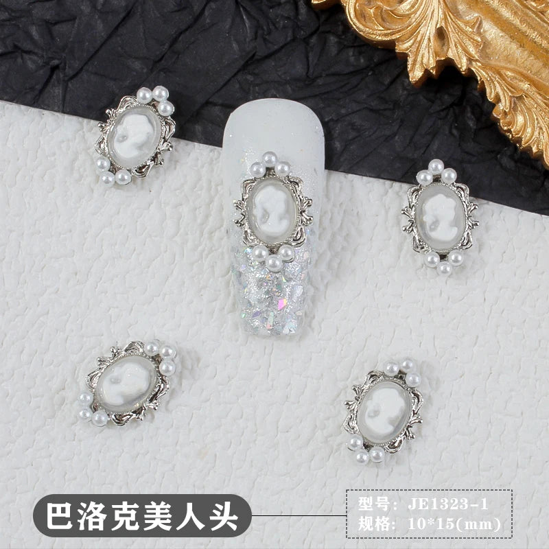 10Pcs Retro Baroque Gril Nail Art Charm 3D Emboss Black White Girl Head Nail Decoration Gold/Silver Metal Edging Nail Jewelry &*