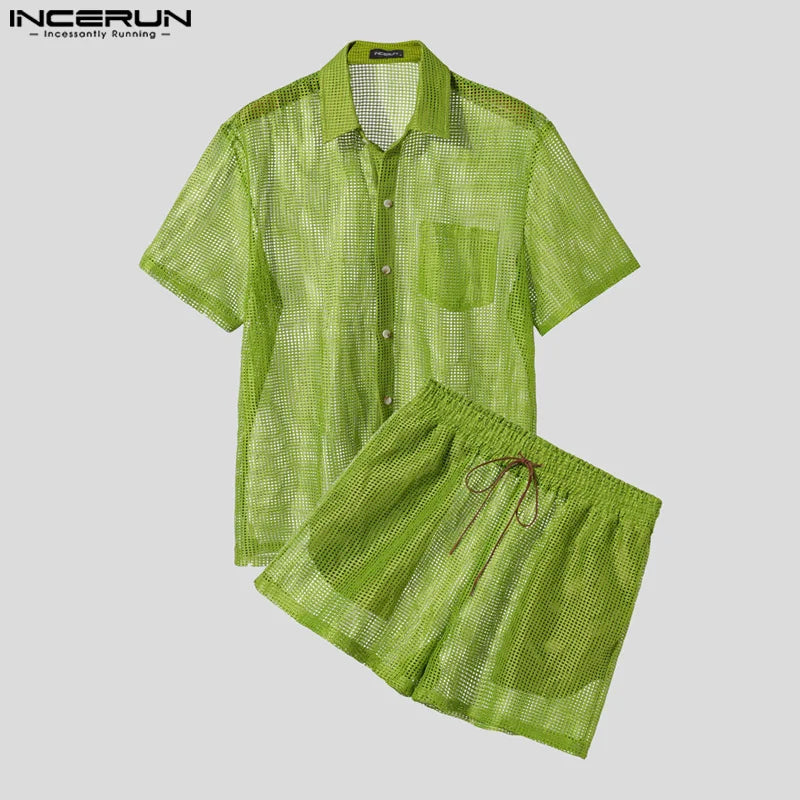 Mesh Hollow Out See Through Lapel Short Sleeve Shirt & Shorts Set
