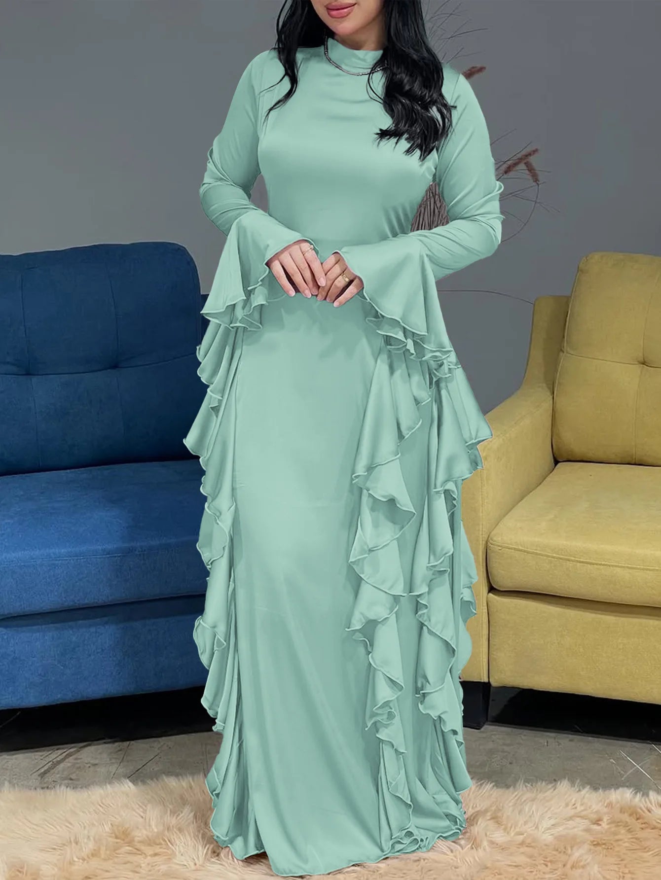 Eid Women Dress Muslim Abaya Ruffle Long Dresses Solid Vestido Largos Party Caftan Jalabiya Ramadan Dubai Kaftan Arab Robe 2025