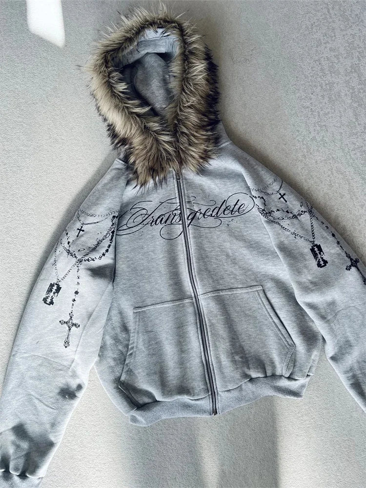Faux Fur Hooded Jacket With Cross Print