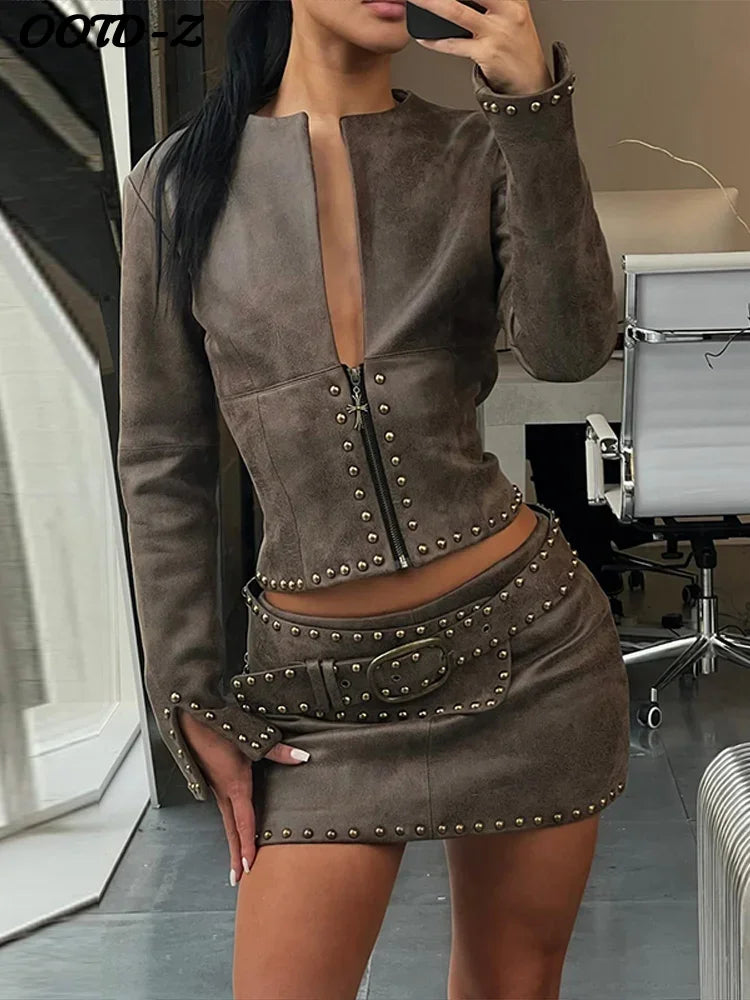 Street Rivet Deep V Jacket Skirt Set