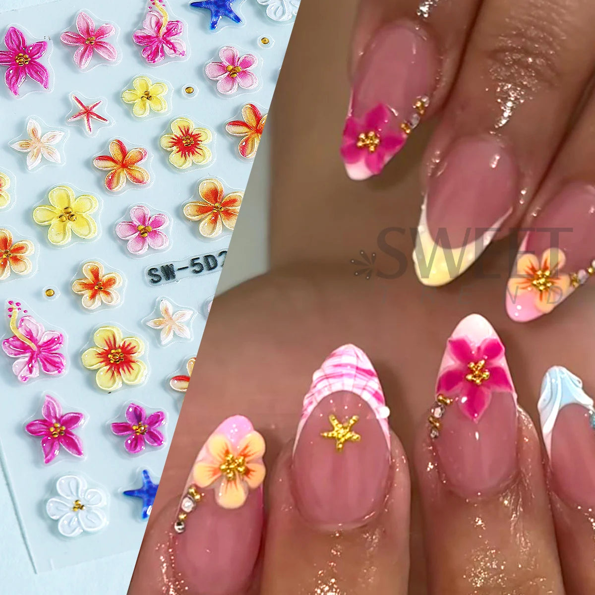 5D Summer Flowers Nail Embossed Stickers Pink Frangipani Hibiscus Five Petal Floral Starfish Decal DIY Tropical Manicure Sliders