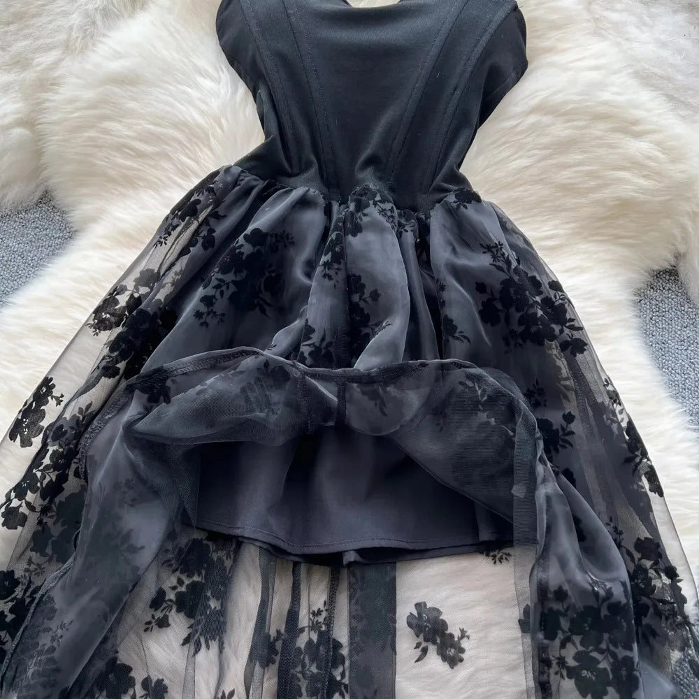 Flocking Print Chic Strapless Mesh Spliced Dress