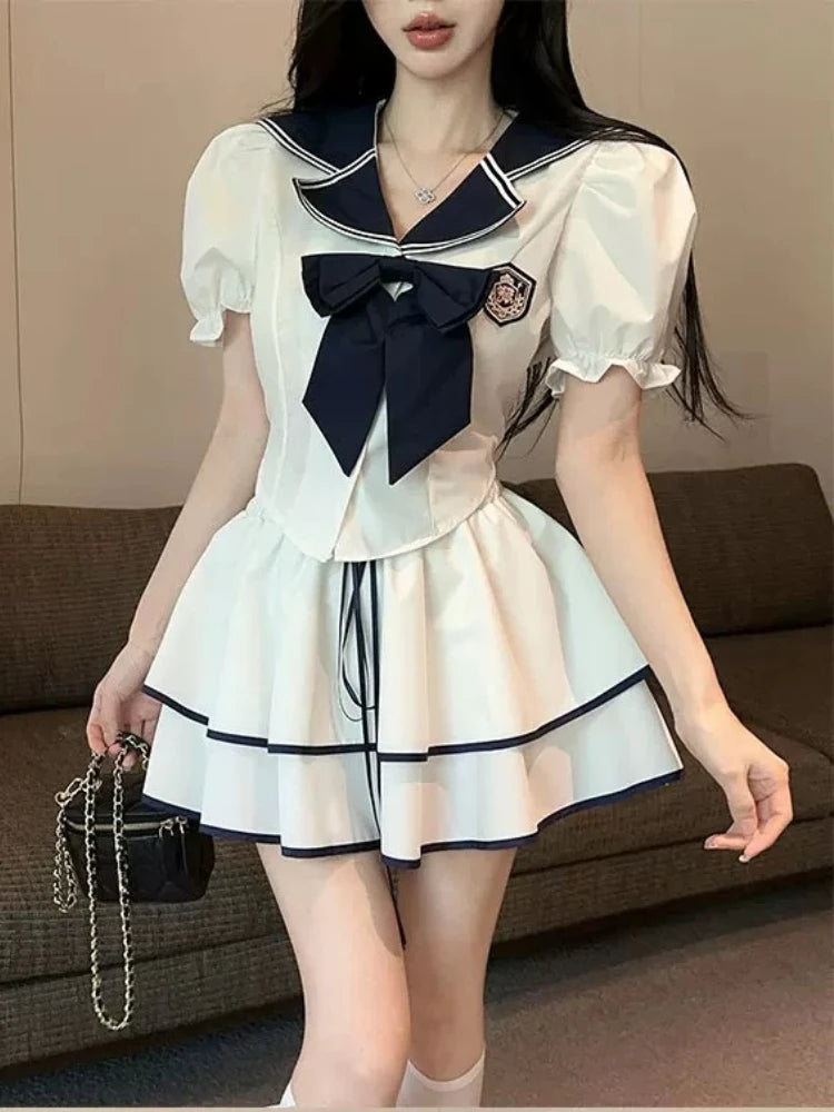 Navy Collar Short Sleeve Top + Mini Pleated Skirt Set