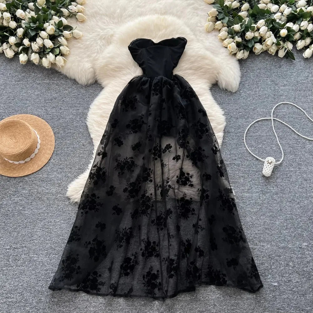 Flocking Print Chic Strapless Mesh Spliced Dress