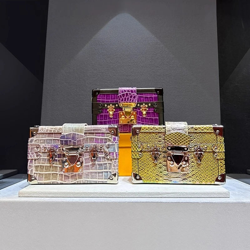 Leather Crocodile Pattern Box Shoulder Crossbody Bag