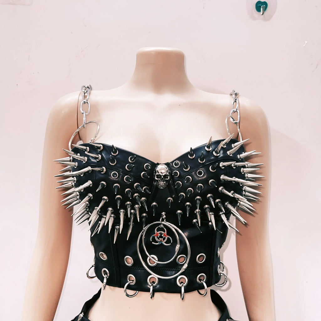 Spiked Corset with Chain Detail and Faux Fur Trim Skirt Set